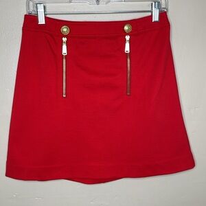 EXPRESS Mini Skirt Red & Gold A-Line Nautical Vibe Crested Buttons Gold Zippers